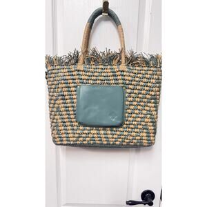 Patricia Nash Woven Raffia Straw Tote Bag Teal Leather Fringe Crossbody Strap